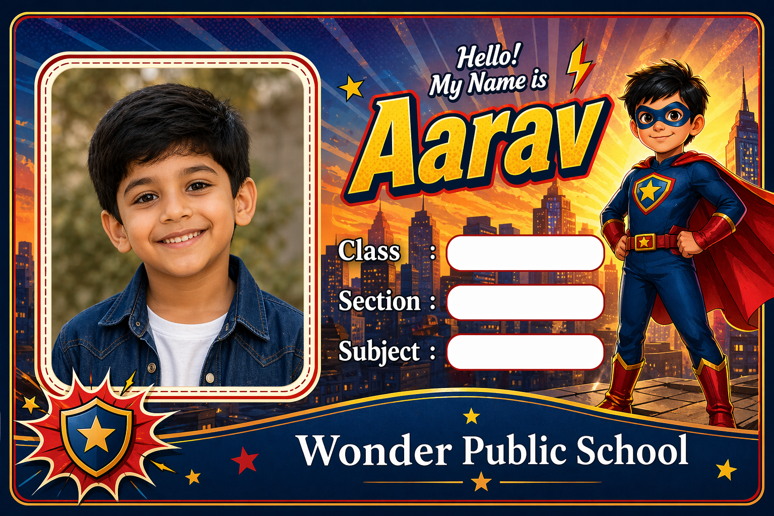 Superhero personalised nameslip for Aarav